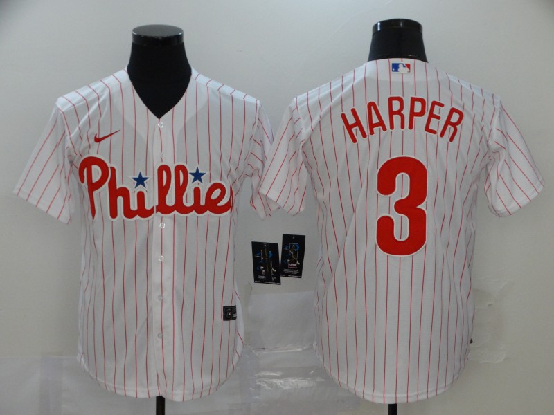 Men Philadelphia Phillies 3 Harper White stripes Nike Game MLB Jerseys